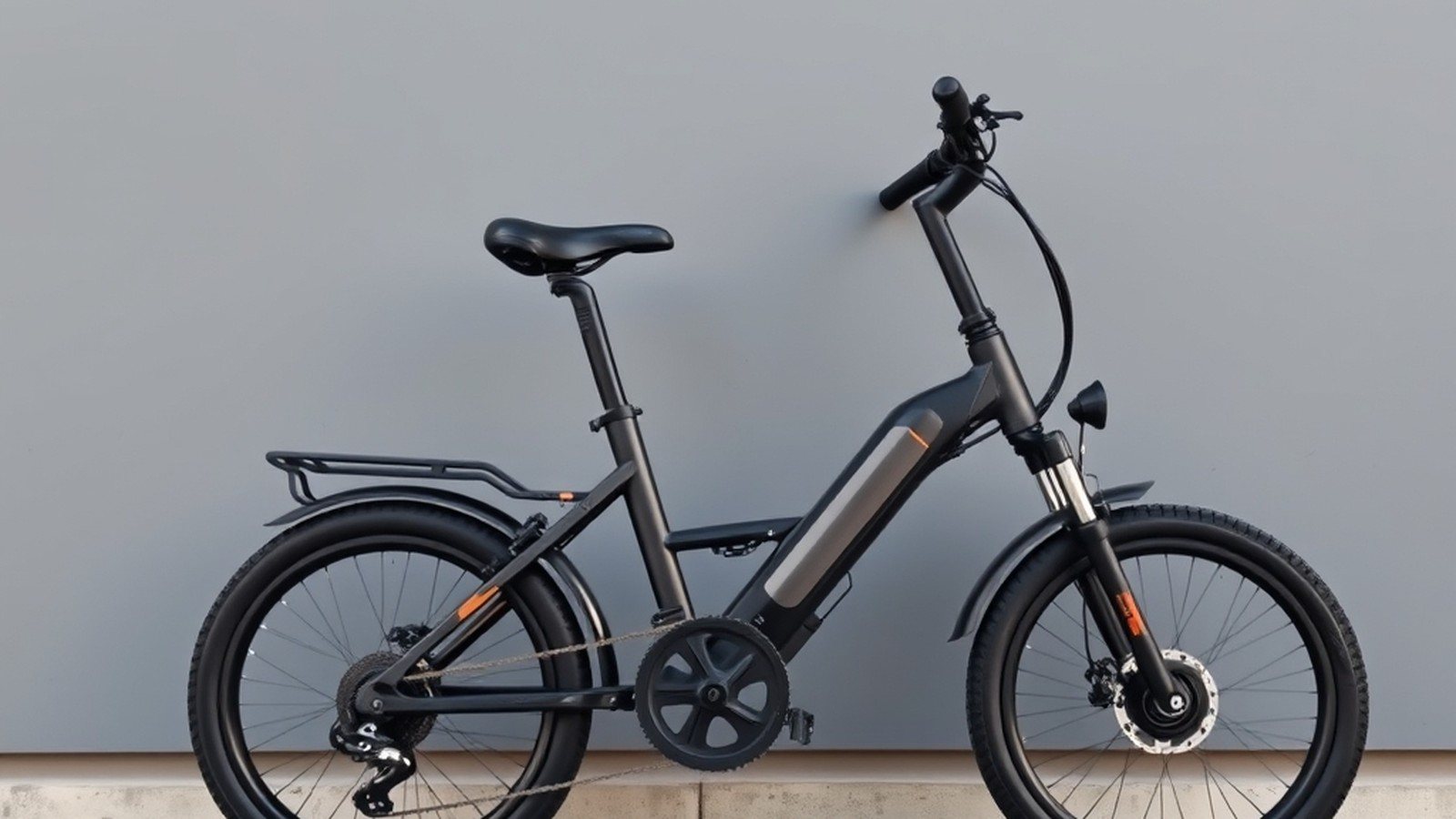 Black folding e-bike with a rear rack, leaning against a grey wall